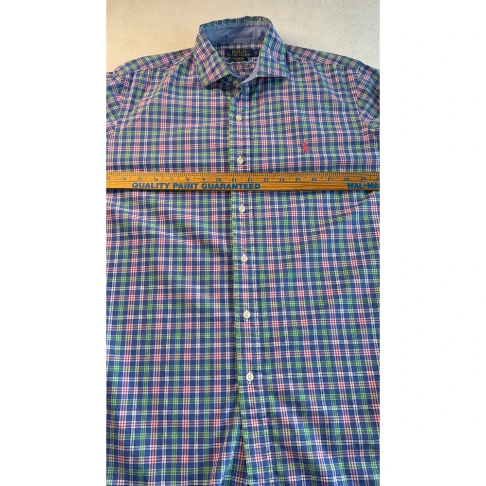 Polo Ralph Lauren Mens Medium Blue Green Pink Plaid‎ Cotton Stretch Shirt M